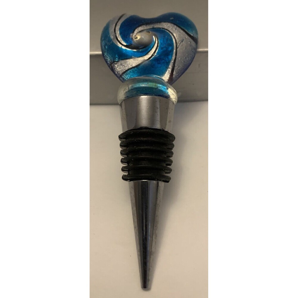 Pretty Blue & Silver Art Glass Heart Wine  Bottle Stopper, Gift Boxed